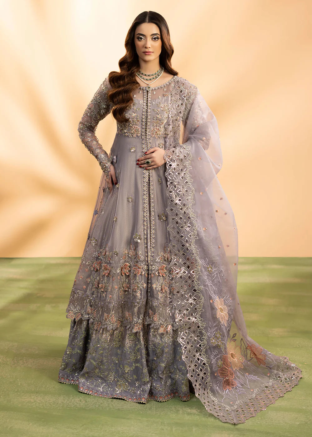 Luxury Emerald Embroidered Organza Maxi Ensemble