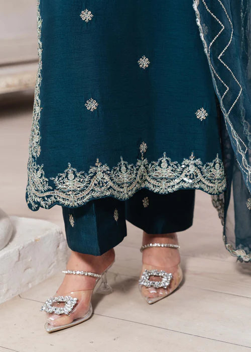 Zarqun Teal Raw Silk 3-Piece Kurta Set