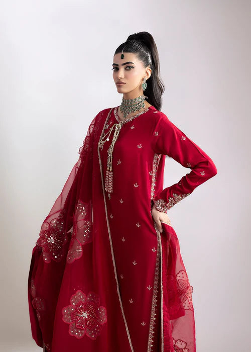 Luxury Red  Raw Silk Suit with Embroidered Organza Dupatta