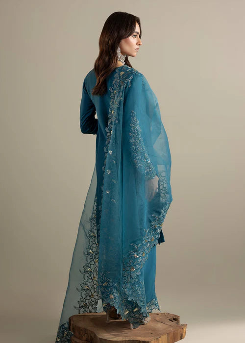 Luxury Teal Raw Silk Suit with Embroidered Organza Dupatta