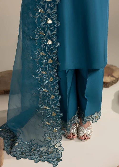 Luxury Teal Raw Silk Suit with Embroidered Organza Dupatta