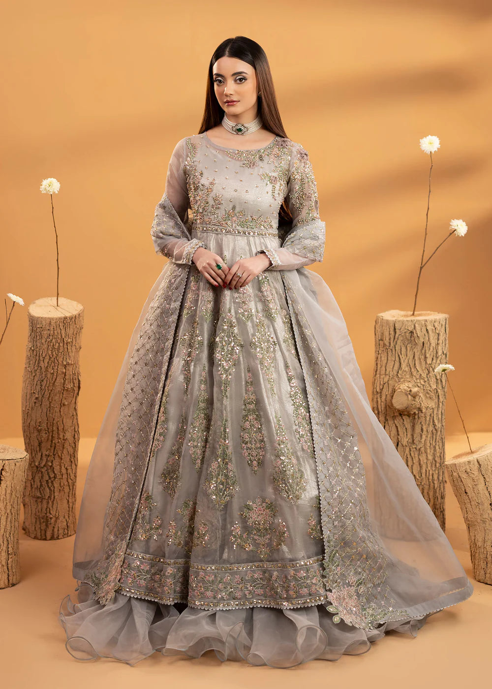 Luxury Blush Pink Embroidered Organza Maxi Ensemble