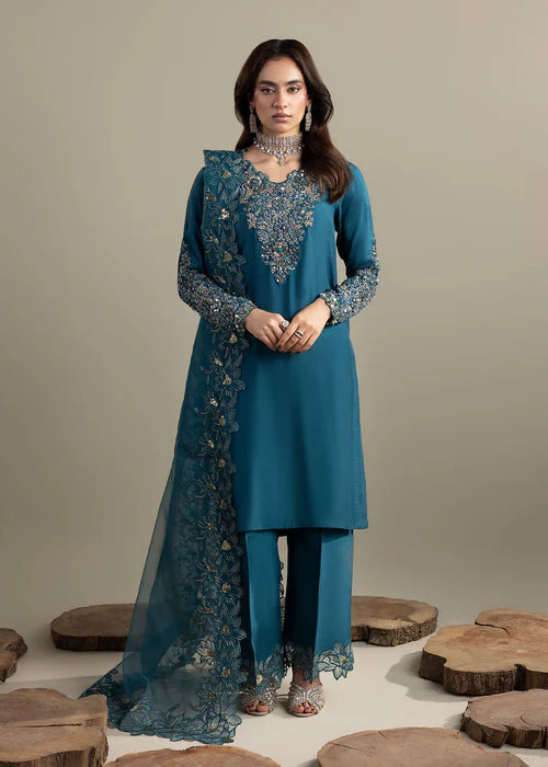 Luxury Teal Raw Silk Suit with Embroidered Organza Dupatta