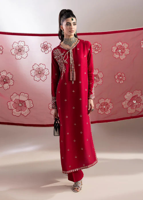 Luxury Red  Raw Silk Suit with Embroidered Organza Dupatta