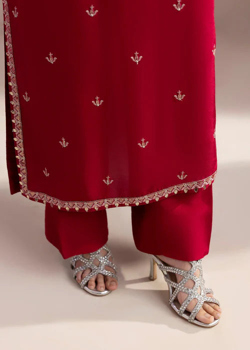 Luxury Red  Raw Silk Suit with Embroidered Organza Dupatta