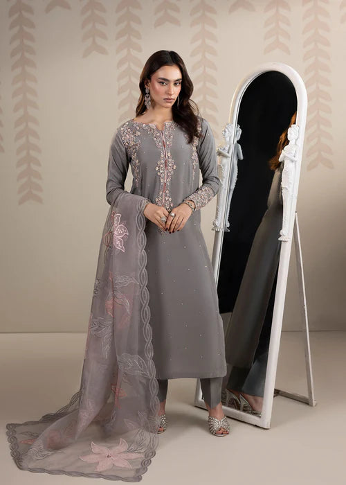 Classic Raw Silk Embroidered Shirt & Organza Wrap