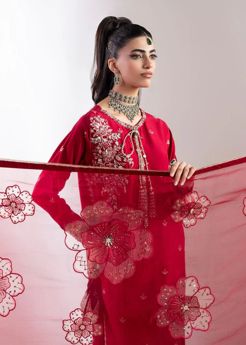 Luxury Red  Raw Silk Suit with Embroidered Organza Dupatta