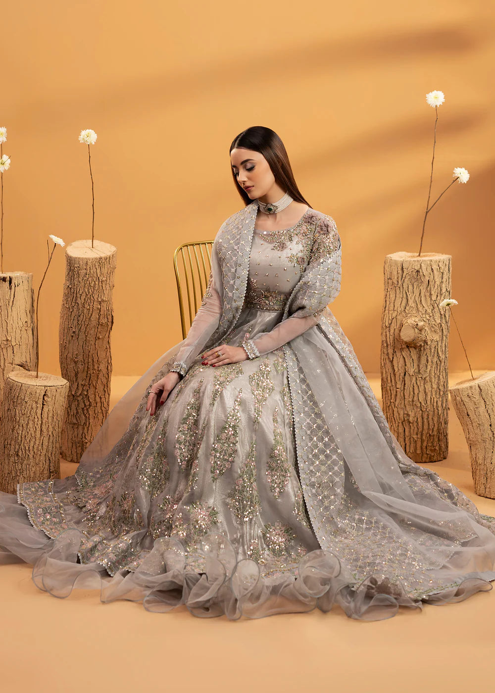 Luxury Blush Pink Embroidered Organza Maxi Ensemble