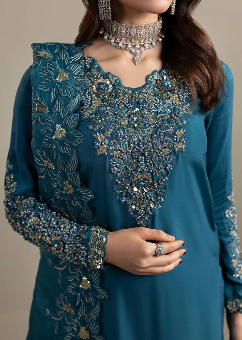 Luxury Teal Raw Silk Suit with Embroidered Organza Dupatta