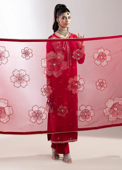 Luxury Red  Raw Silk Suit with Embroidered Organza Dupatta