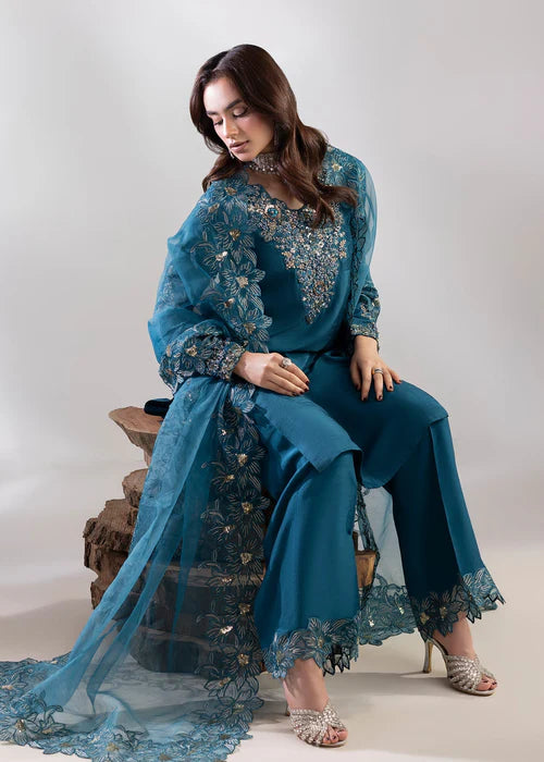 Luxury Teal Raw Silk Suit with Embroidered Organza Dupatta