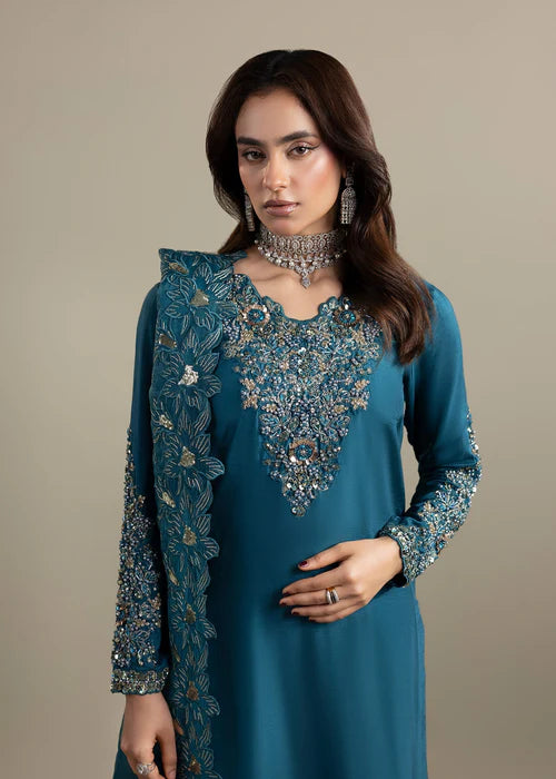 Luxury Teal Raw Silk Suit with Embroidered Organza Dupatta