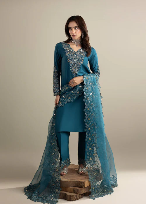 Luxury Teal Raw Silk Suit with Embroidered Organza Dupatta