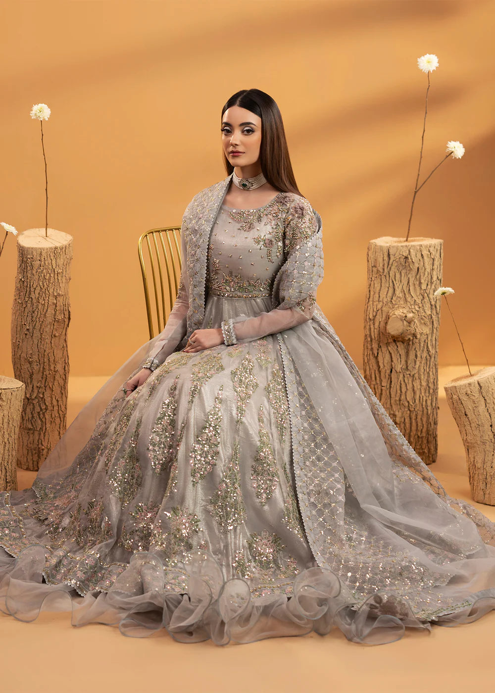 Luxury Blush Pink Embroidered Organza Maxi Ensemble