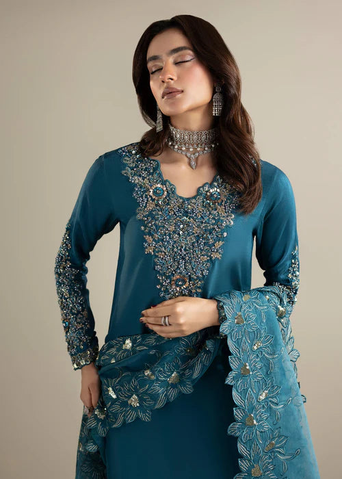 Luxury Teal Raw Silk Suit with Embroidered Organza Dupatta