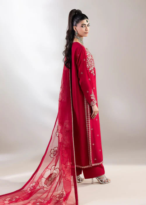 Luxury Red  Raw Silk Suit with Embroidered Organza Dupatta