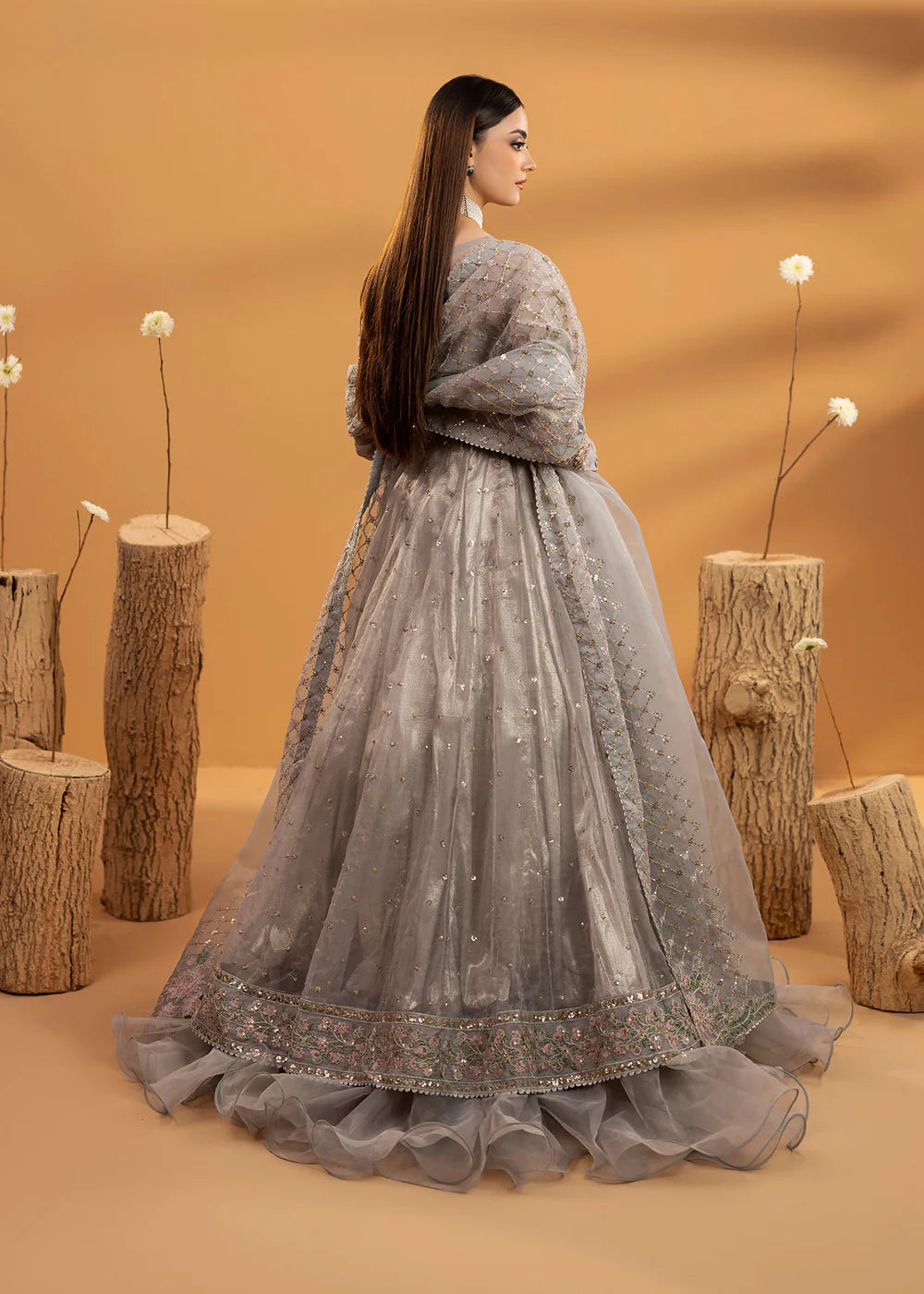 Luxury Blush Pink Embroidered Organza Maxi Ensemble