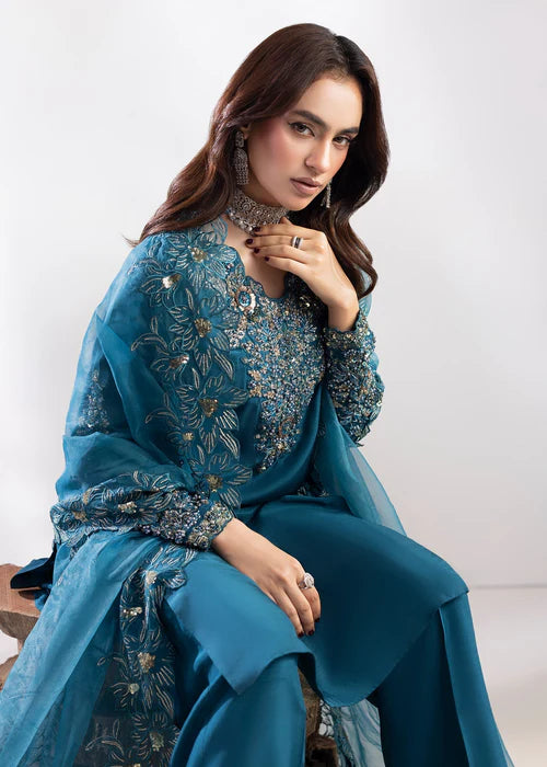 Luxury Teal Raw Silk Suit with Embroidered Organza Dupatta