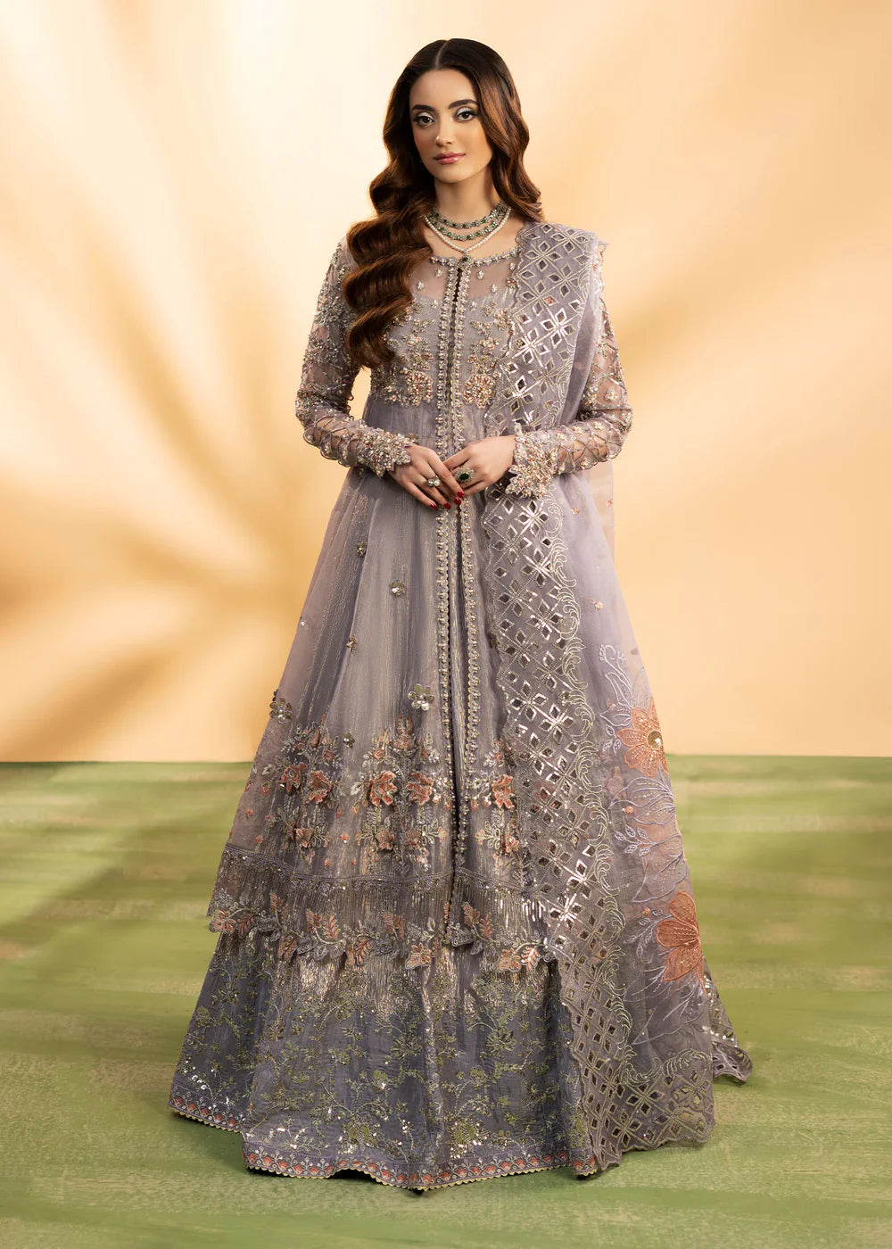 Luxury Emerald Embroidered Organza Maxi Ensemble