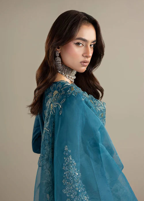 Luxury Teal Raw Silk Suit with Embroidered Organza Dupatta