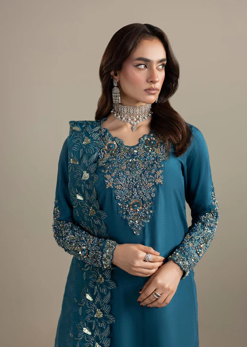 Luxury Teal Raw Silk Suit with Embroidered Organza Dupatta