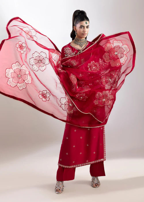 Luxury Red  Raw Silk Suit with Embroidered Organza Dupatta