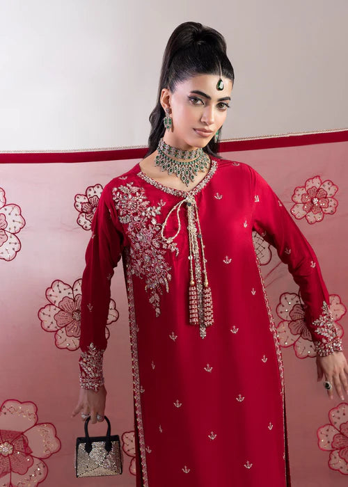Luxury Red  Raw Silk Suit with Embroidered Organza Dupatta