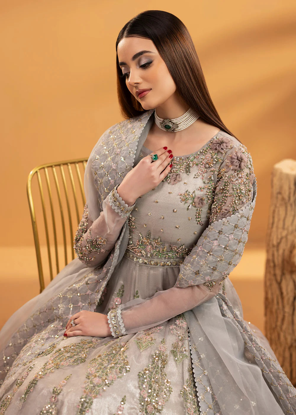 Luxury Blush Pink Embroidered Organza Maxi Ensemble