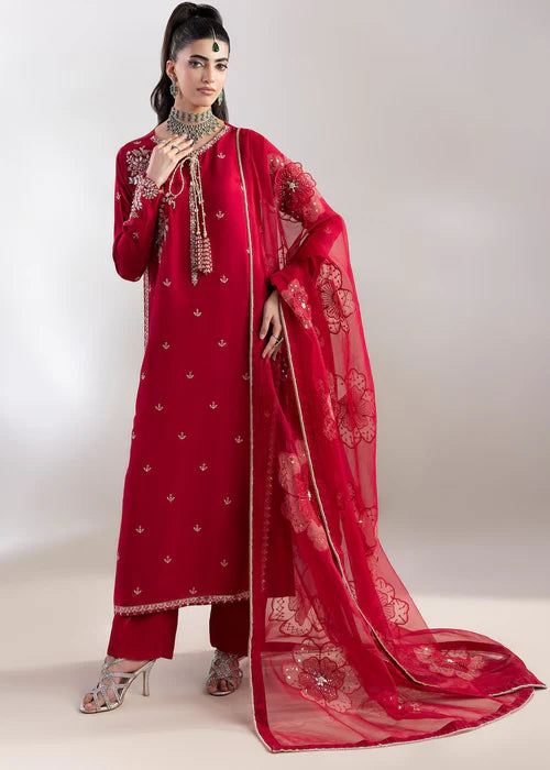 Luxury Red  Raw Silk Suit with Embroidered Organza Dupatta