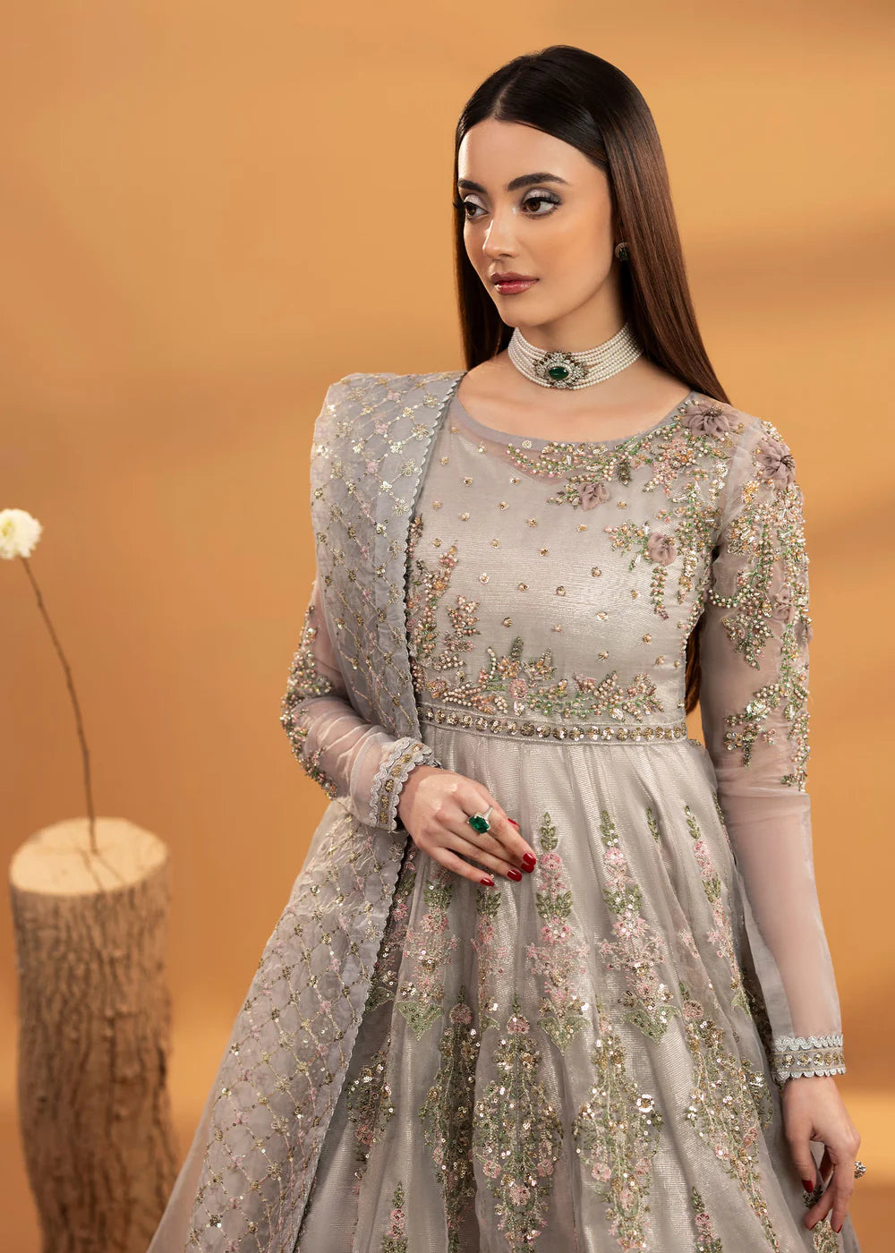 Luxury Blush Pink Embroidered Organza Maxi Ensemble